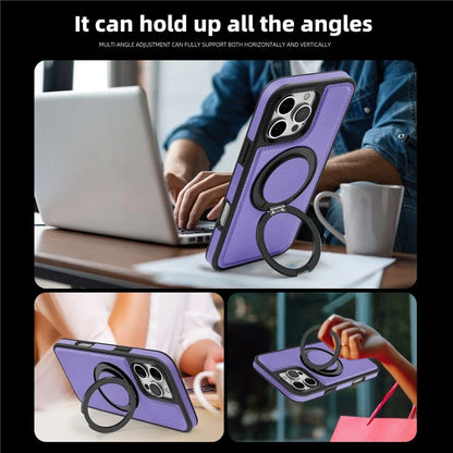 For iPhone 16 Pro Magnetic Case Rotate Ring Kickstand PU Leather+PC+TPU Back Cover