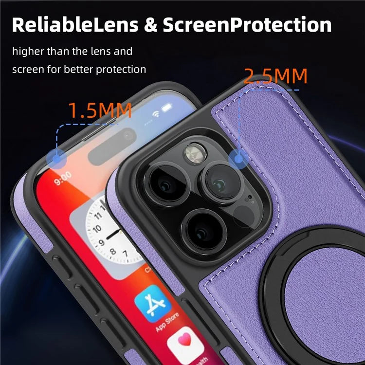For iPhone 16 Pro Magnetic Case Rotate Ring Kickstand PU Leather+PC+TPU Back Cover