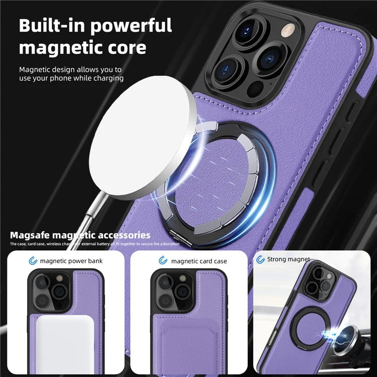 For iPhone 16 Pro Magnetic Case Rotate Ring Kickstand PU Leather+PC+TPU Back Cover