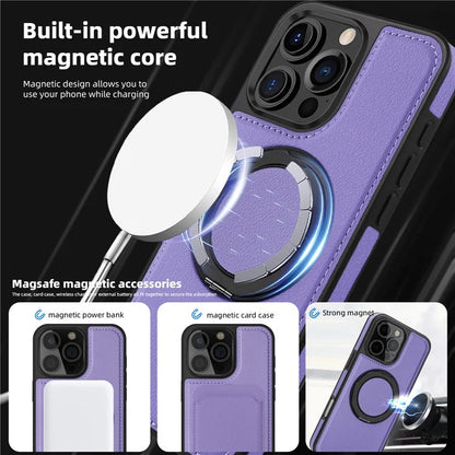 For iPhone 16 Pro Magnetic Case Rotate Ring Kickstand PU Leather+PC+TPU Back Cover