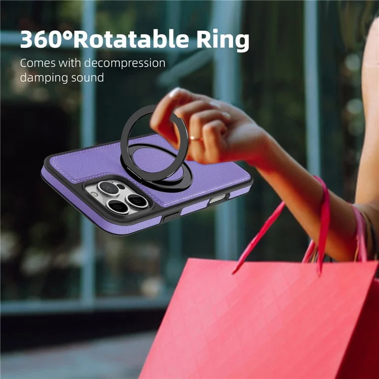 For iPhone 16 Pro Magnetic Case Rotate Ring Kickstand PU Leather+PC+TPU Back Cover