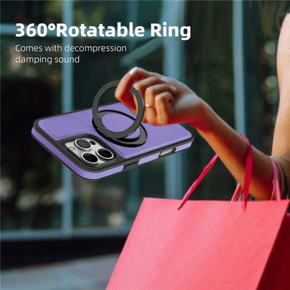 For iPhone 16 Pro Magnetic Case Rotate Ring Kickstand PU Leather+PC+TPU Back Cover