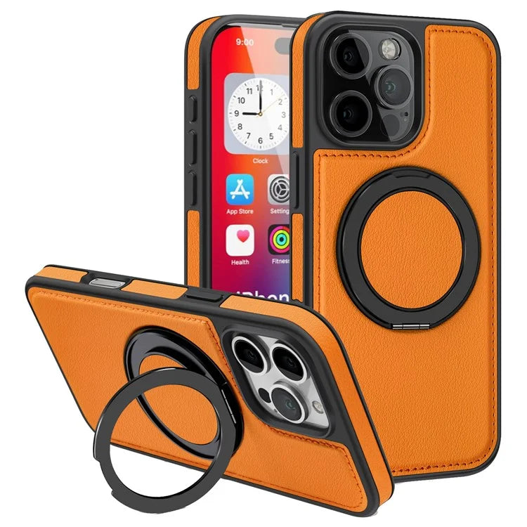 For iPhone 16 Pro Magnetic Case Rotate Ring Kickstand PU Leather+PC+TPU Back Cover