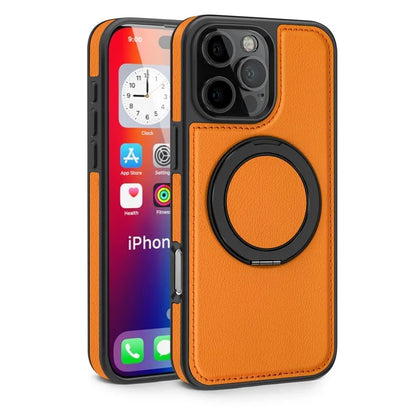 For iPhone 16 Pro Magnetic Case Rotate Ring Kickstand PU Leather+PC+TPU Back Cover