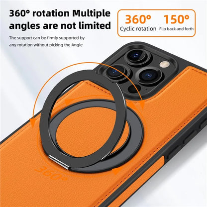 For iPhone 16 Pro Magnetic Case Rotate Ring Kickstand PU Leather+PC+TPU Back Cover