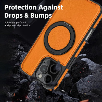 For iPhone 16 Pro Magnetic Case Rotate Ring Kickstand PU Leather+PC+TPU Back Cover