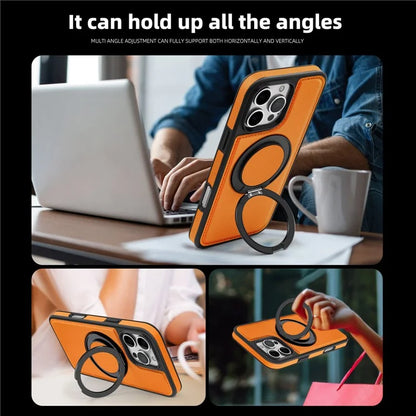For iPhone 16 Pro Magnetic Case Rotate Ring Kickstand PU Leather+PC+TPU Back Cover