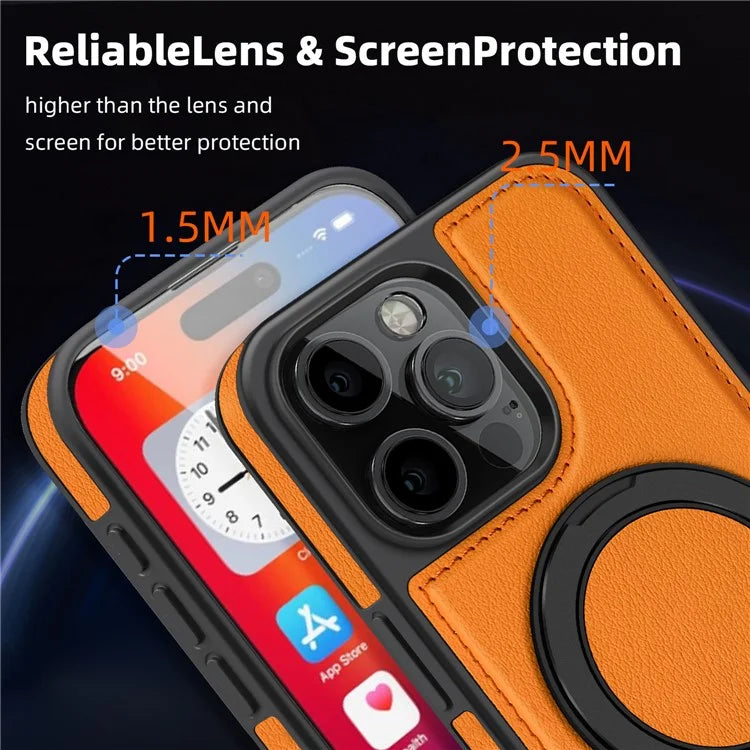 For iPhone 16 Pro Magnetic Case Rotate Ring Kickstand PU Leather+PC+TPU Back Cover