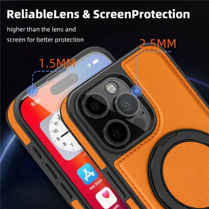 For iPhone 16 Pro Magnetic Case Rotate Ring Kickstand PU Leather+PC+TPU Back Cover