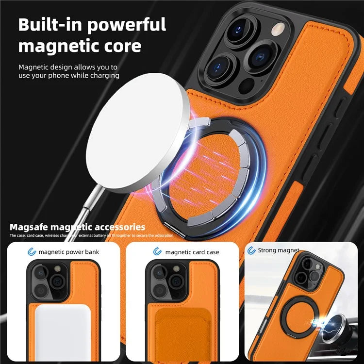 For iPhone 16 Pro Magnetic Case Rotate Ring Kickstand PU Leather+PC+TPU Back Cover
