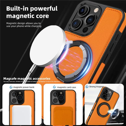 For iPhone 16 Pro Magnetic Case Rotate Ring Kickstand PU Leather+PC+TPU Back Cover