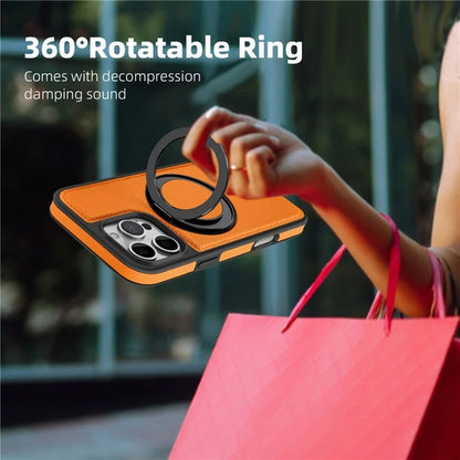 For iPhone 16 Pro Magnetic Case Rotate Ring Kickstand PU Leather+PC+TPU Back Cover