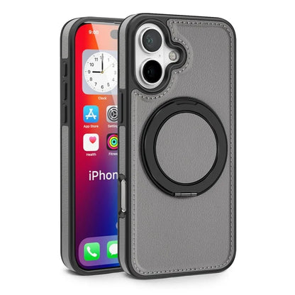 For iPhone 16 Plus Magnetic Case Rotate Ring Kickstand PU Leather+PC+TPU Back Cover