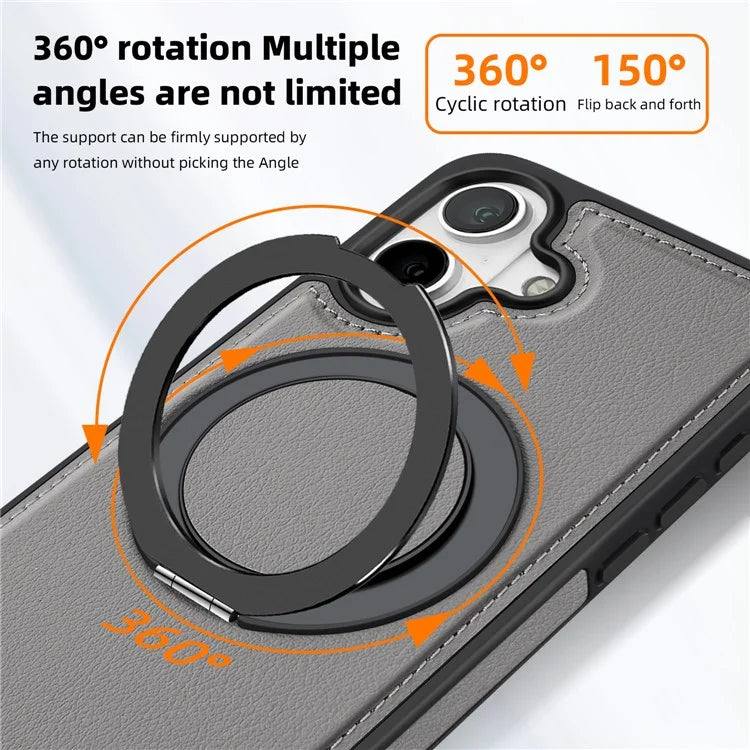 For iPhone 16 Plus Magnetic Case Rotate Ring Kickstand PU Leather+PC+TPU Back Cover