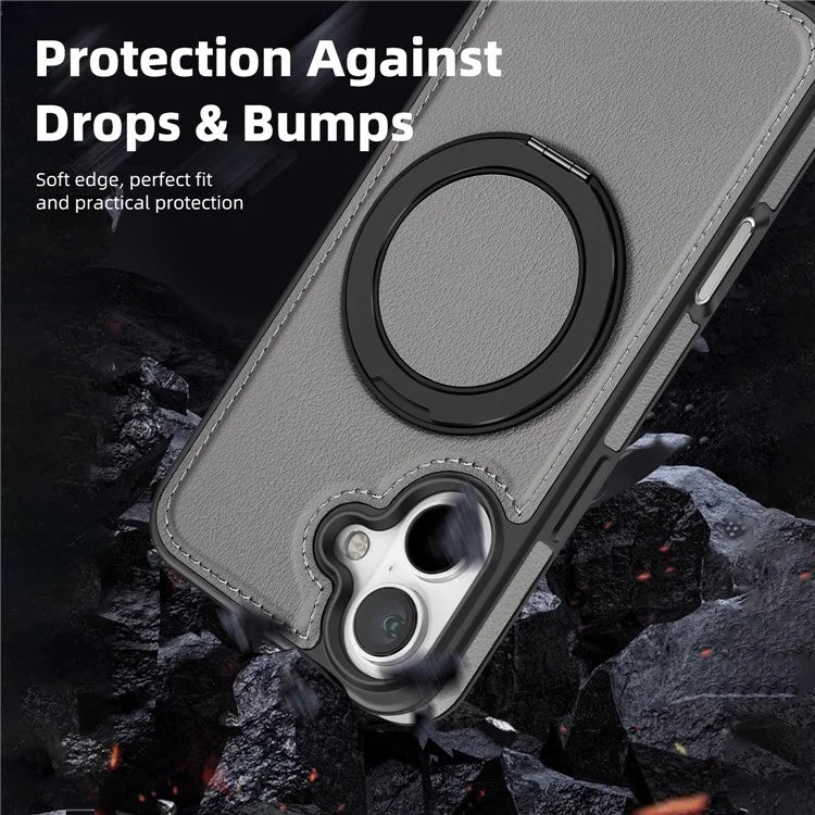 For iPhone 16 Plus Magnetic Case Rotate Ring Kickstand PU Leather+PC+TPU Back Cover