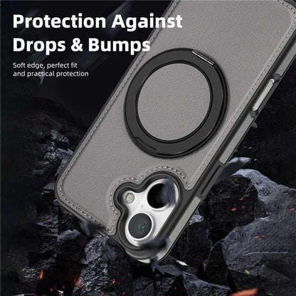 For iPhone 16 Plus Magnetic Case Rotate Ring Kickstand PU Leather+PC+TPU Back Cover