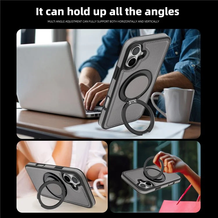 For iPhone 16 Plus Magnetic Case Rotate Ring Kickstand PU Leather+PC+TPU Back Cover