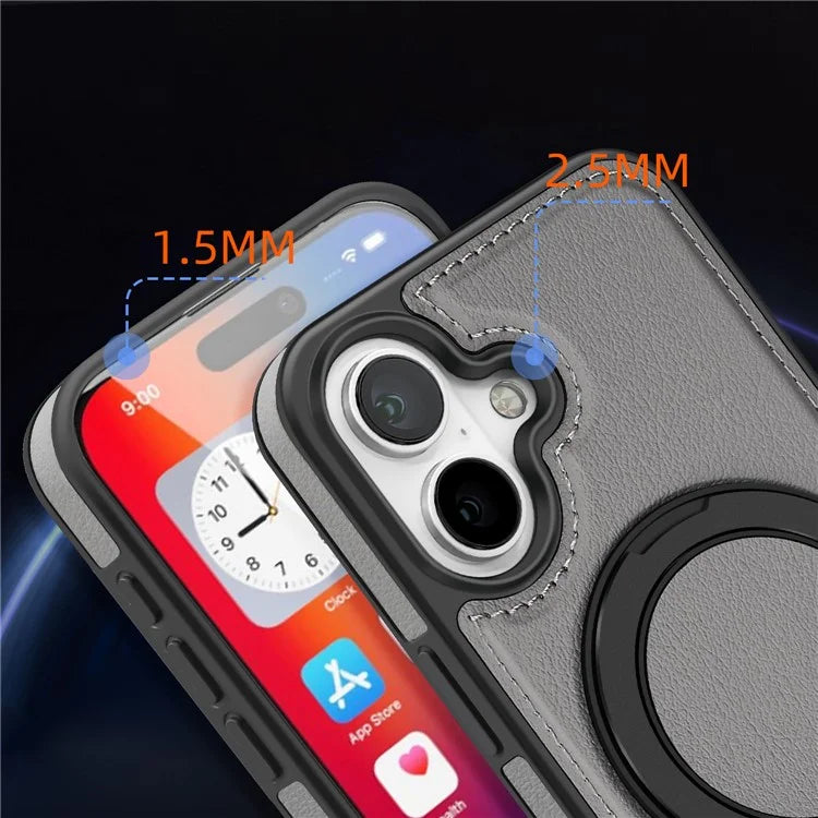 For iPhone 16 Plus Magnetic Case Rotate Ring Kickstand PU Leather+PC+TPU Back Cover
