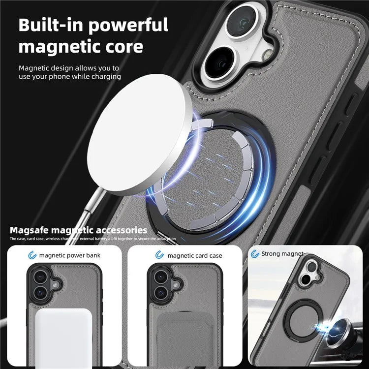 For iPhone 16 Plus Magnetic Case Rotate Ring Kickstand PU Leather+PC+TPU Back Cover