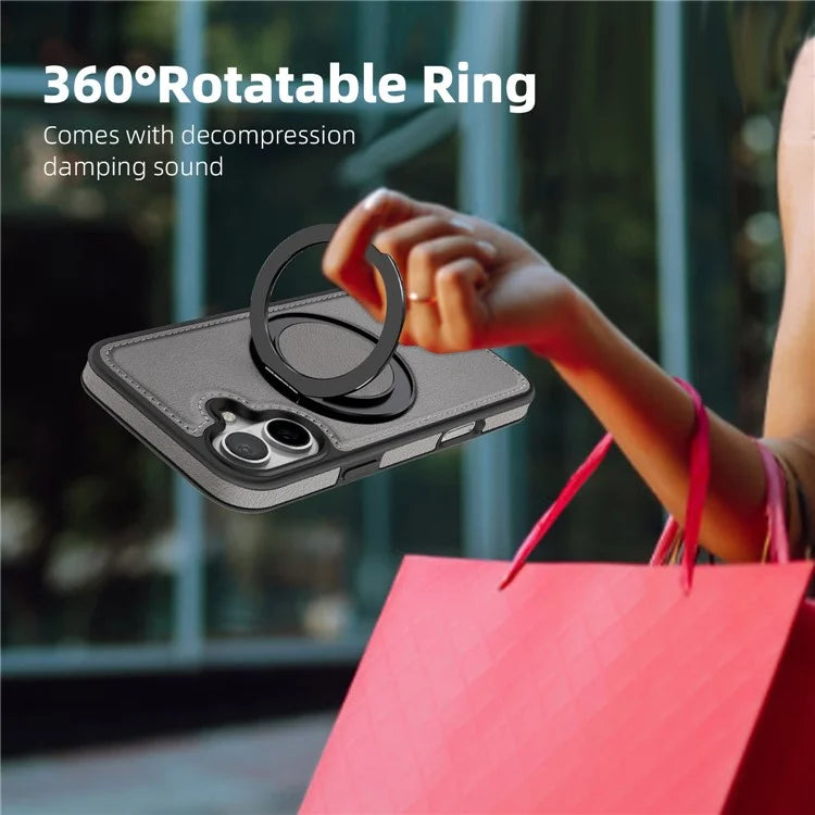 For iPhone 16 Plus Magnetic Case Rotate Ring Kickstand PU Leather+PC+TPU Back Cover