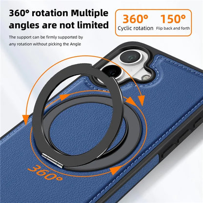 For iPhone 16 Plus Magnetic Case Rotate Ring Kickstand PU Leather+PC+TPU Back Cover