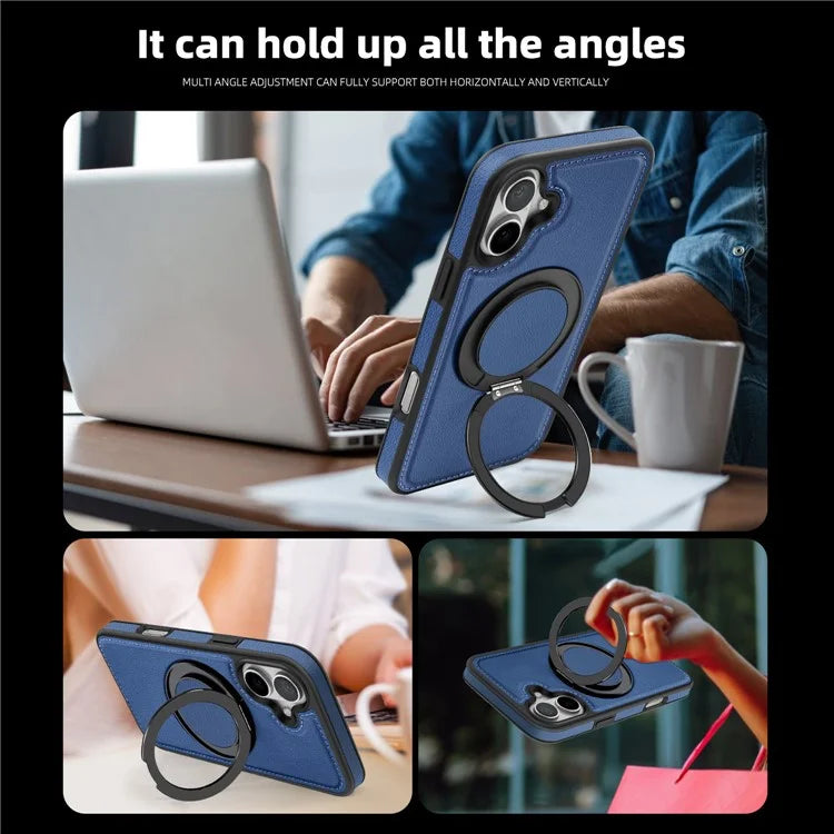 For iPhone 16 Plus Magnetic Case Rotate Ring Kickstand PU Leather+PC+TPU Back Cover