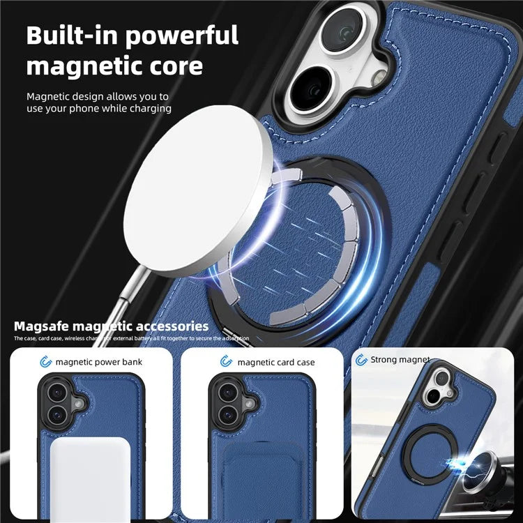 For iPhone 16 Plus Magnetic Case Rotate Ring Kickstand PU Leather+PC+TPU Back Cover
