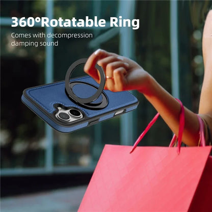 For iPhone 16 Plus Magnetic Case Rotate Ring Kickstand PU Leather+PC+TPU Back Cover