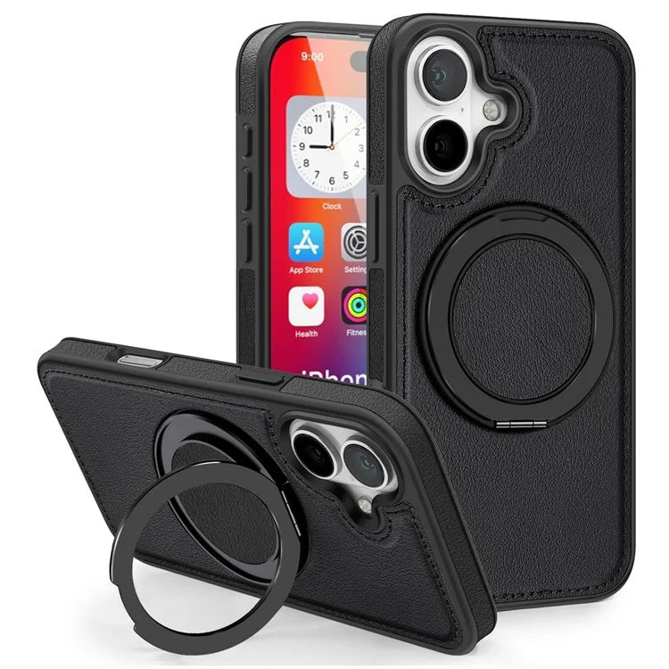 For iPhone 16 Plus Magnetic Case Rotate Ring Kickstand PU Leather+PC+TPU Back Cover