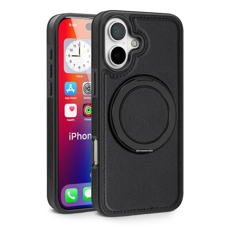 For iPhone 16 Plus Magnetic Case Rotate Ring Kickstand PU Leather+PC+TPU Back Cover
