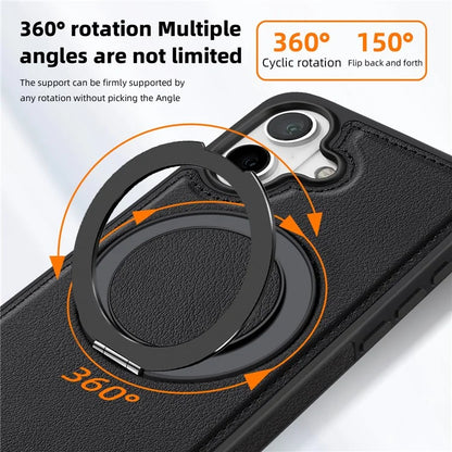 For iPhone 16 Plus Magnetic Case Rotate Ring Kickstand PU Leather+PC+TPU Back Cover