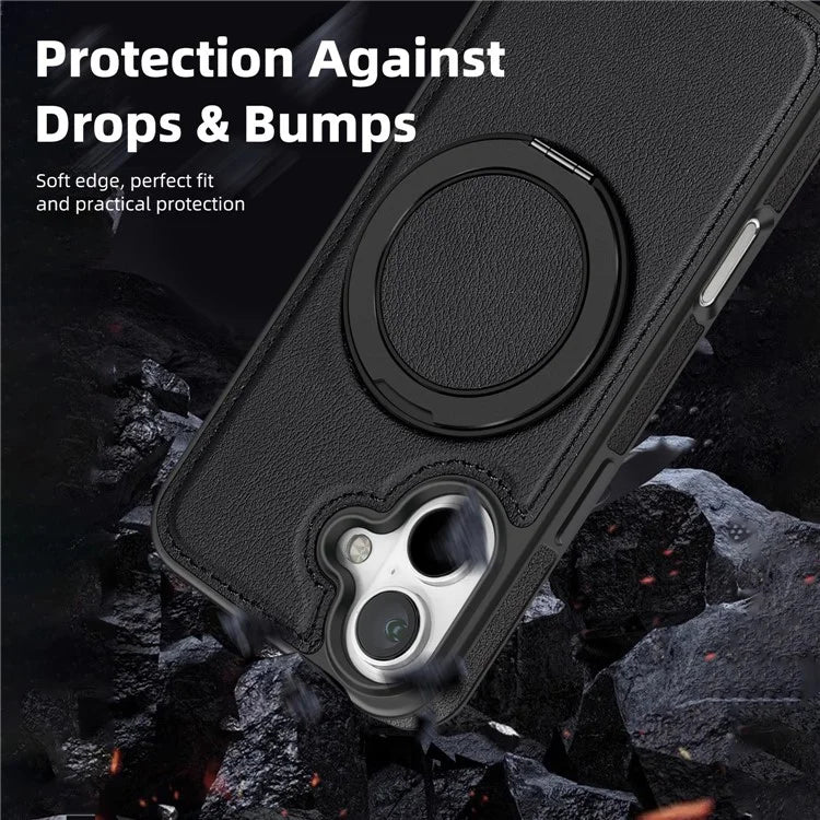 For iPhone 16 Plus Magnetic Case Rotate Ring Kickstand PU Leather+PC+TPU Back Cover