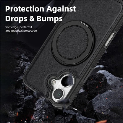 For iPhone 16 Plus Magnetic Case Rotate Ring Kickstand PU Leather+PC+TPU Back Cover