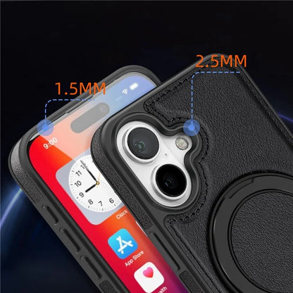 For iPhone 16 Plus Magnetic Case Rotate Ring Kickstand PU Leather+PC+TPU Back Cover