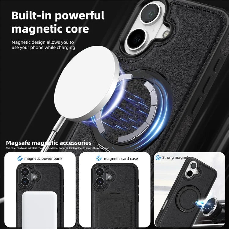 For iPhone 16 Plus Magnetic Case Rotate Ring Kickstand PU Leather+PC+TPU Back Cover