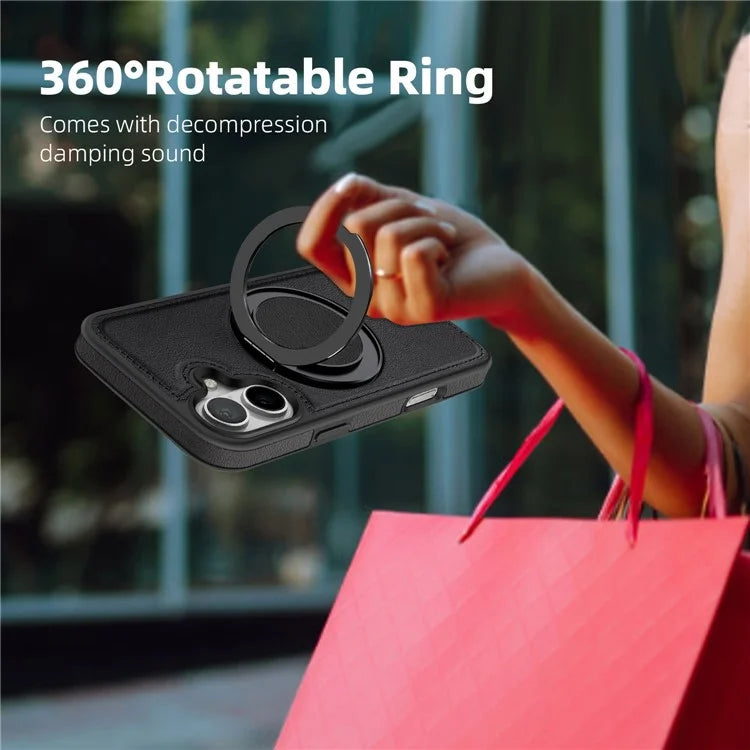 For iPhone 16 Plus Magnetic Case Rotate Ring Kickstand PU Leather+PC+TPU Back Cover
