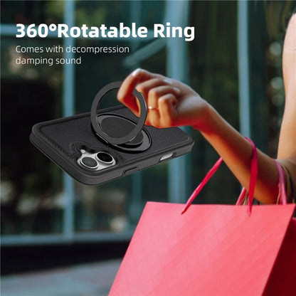 For iPhone 16 Plus Magnetic Case Rotate Ring Kickstand PU Leather+PC+TPU Back Cover