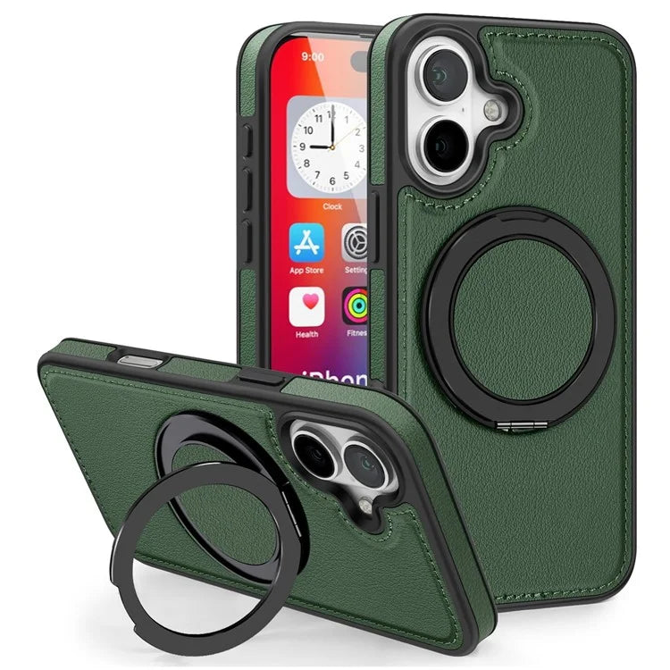 For iPhone 16 Plus Magnetic Case Rotate Ring Kickstand PU Leather+PC+TPU Back Cover