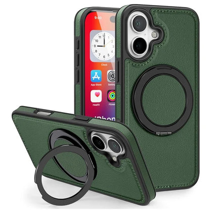 For iPhone 16 Plus Magnetic Case Rotate Ring Kickstand PU Leather+PC+TPU Back Cover