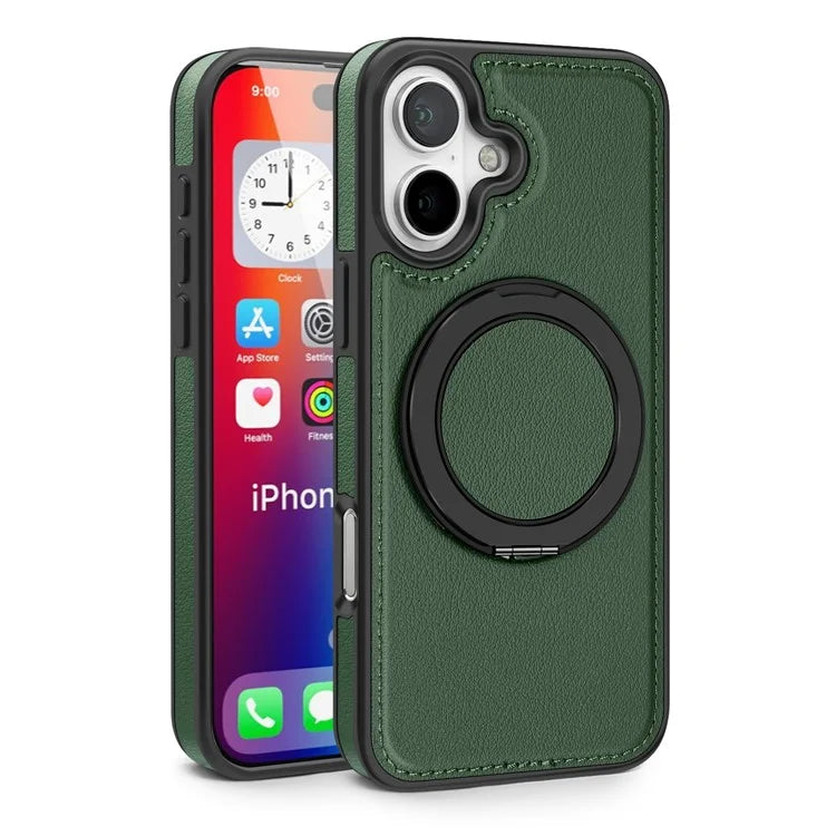 For iPhone 16 Plus Magnetic Case Rotate Ring Kickstand PU Leather+PC+TPU Back Cover