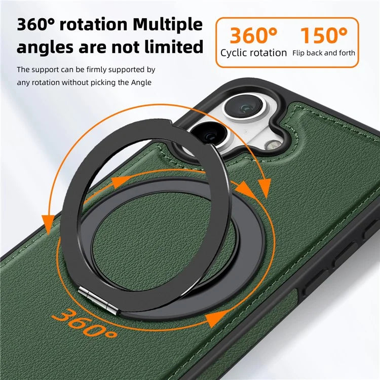For iPhone 16 Plus Magnetic Case Rotate Ring Kickstand PU Leather+PC+TPU Back Cover