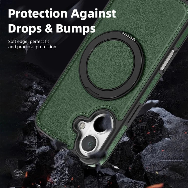 For iPhone 16 Plus Magnetic Case Rotate Ring Kickstand PU Leather+PC+TPU Back Cover