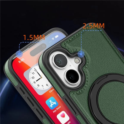 For iPhone 16 Plus Magnetic Case Rotate Ring Kickstand PU Leather+PC+TPU Back Cover