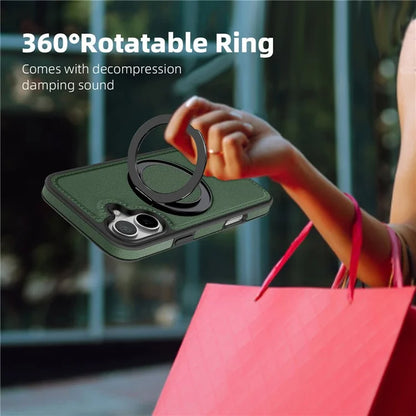 For iPhone 16 Plus Magnetic Case Rotate Ring Kickstand PU Leather+PC+TPU Back Cover