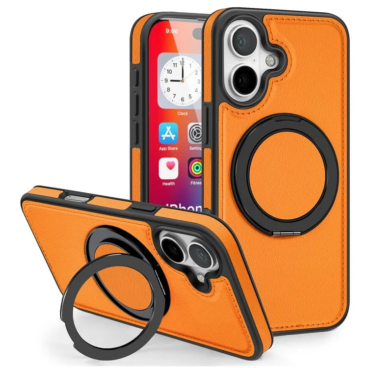 For iPhone 16 Plus Magnetic Case Rotate Ring Kickstand PU Leather+PC+TPU Back Cover