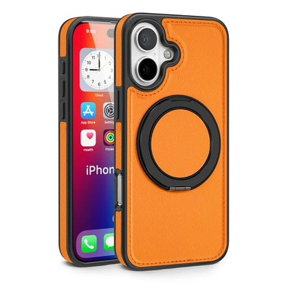 For iPhone 16 Plus Magnetic Case Rotate Ring Kickstand PU Leather+PC+TPU Back Cover