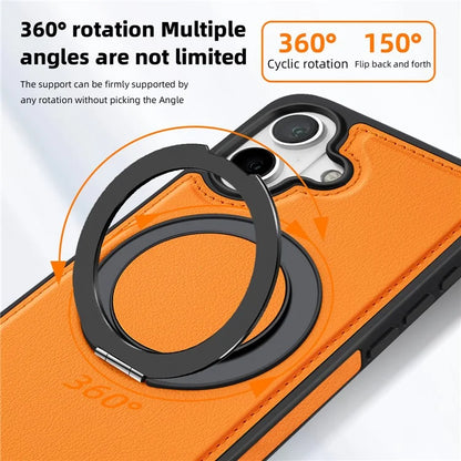 For iPhone 16 Plus Magnetic Case Rotate Ring Kickstand PU Leather+PC+TPU Back Cover