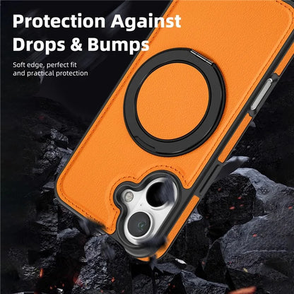For iPhone 16 Plus Magnetic Case Rotate Ring Kickstand PU Leather+PC+TPU Back Cover