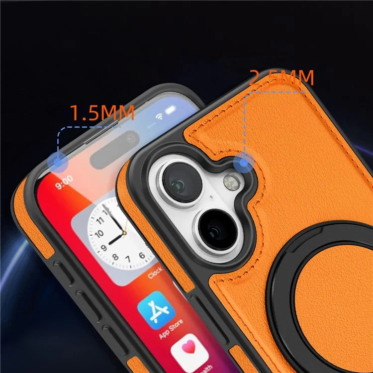 For iPhone 16 Plus Magnetic Case Rotate Ring Kickstand PU Leather+PC+TPU Back Cover