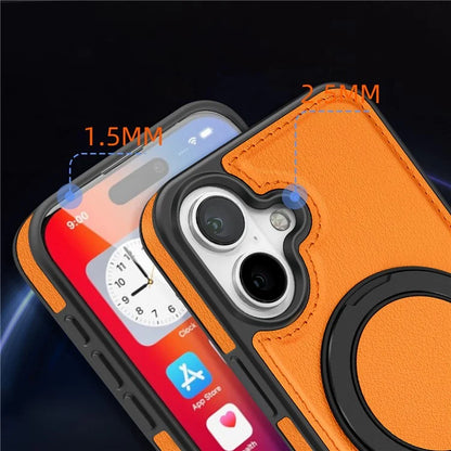 For iPhone 16 Plus Magnetic Case Rotate Ring Kickstand PU Leather+PC+TPU Back Cover